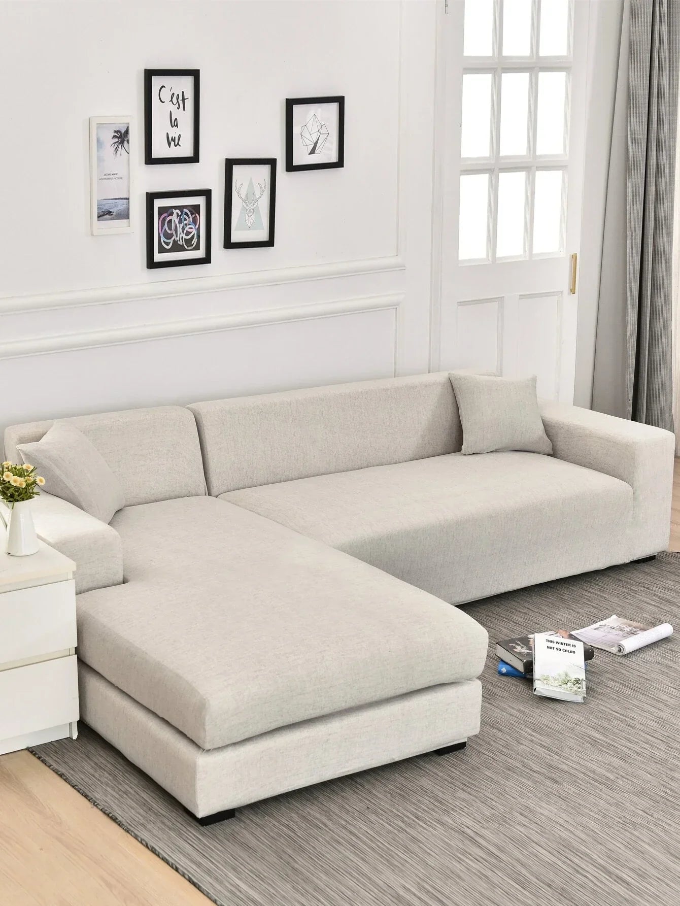 Corner Sofa Cover - Cross pattern - Egg shell - Adaptable & Expandable - The Sofa Cover Crafter 