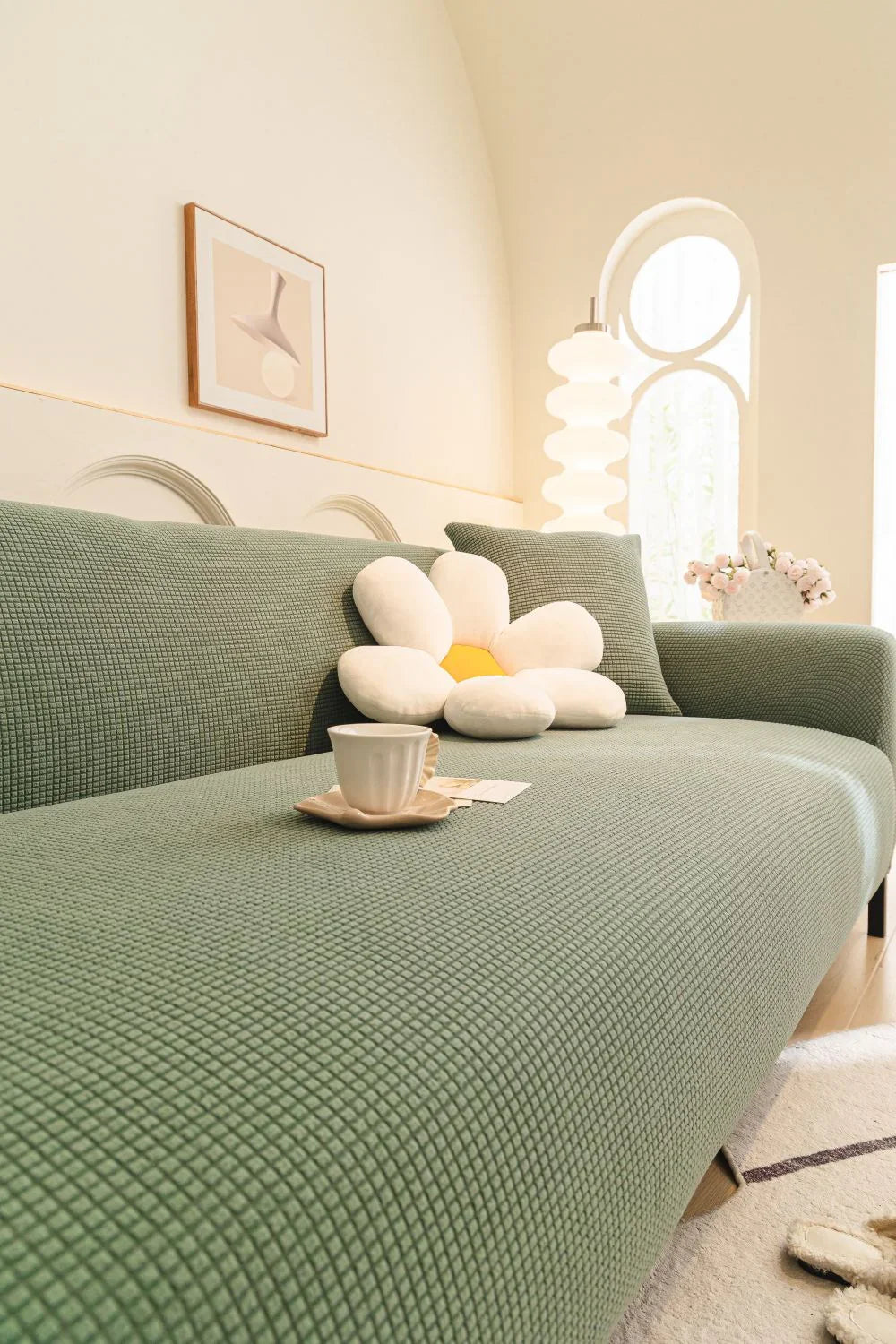 Sofa Cover - Narrow Jacquard - Light Green - Adaptable & Expandable - The Sofa Cover Crafter 