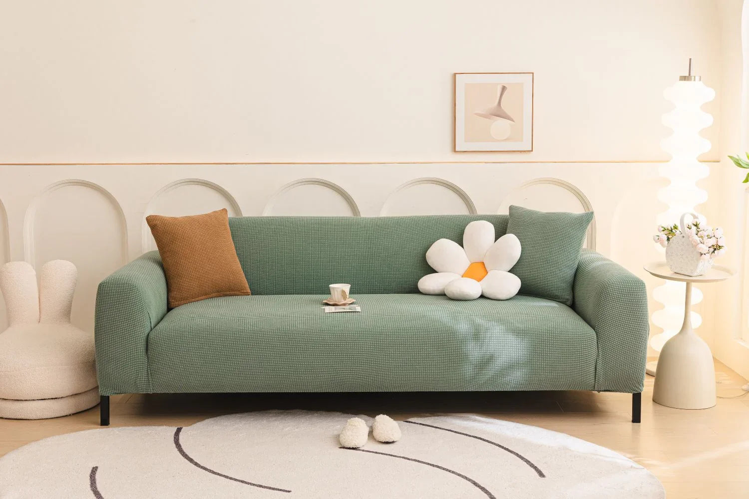 Sofa Cover - Narrow Jacquard - Light Green - Adaptable & Expandable - The Sofa Cover Crafter 