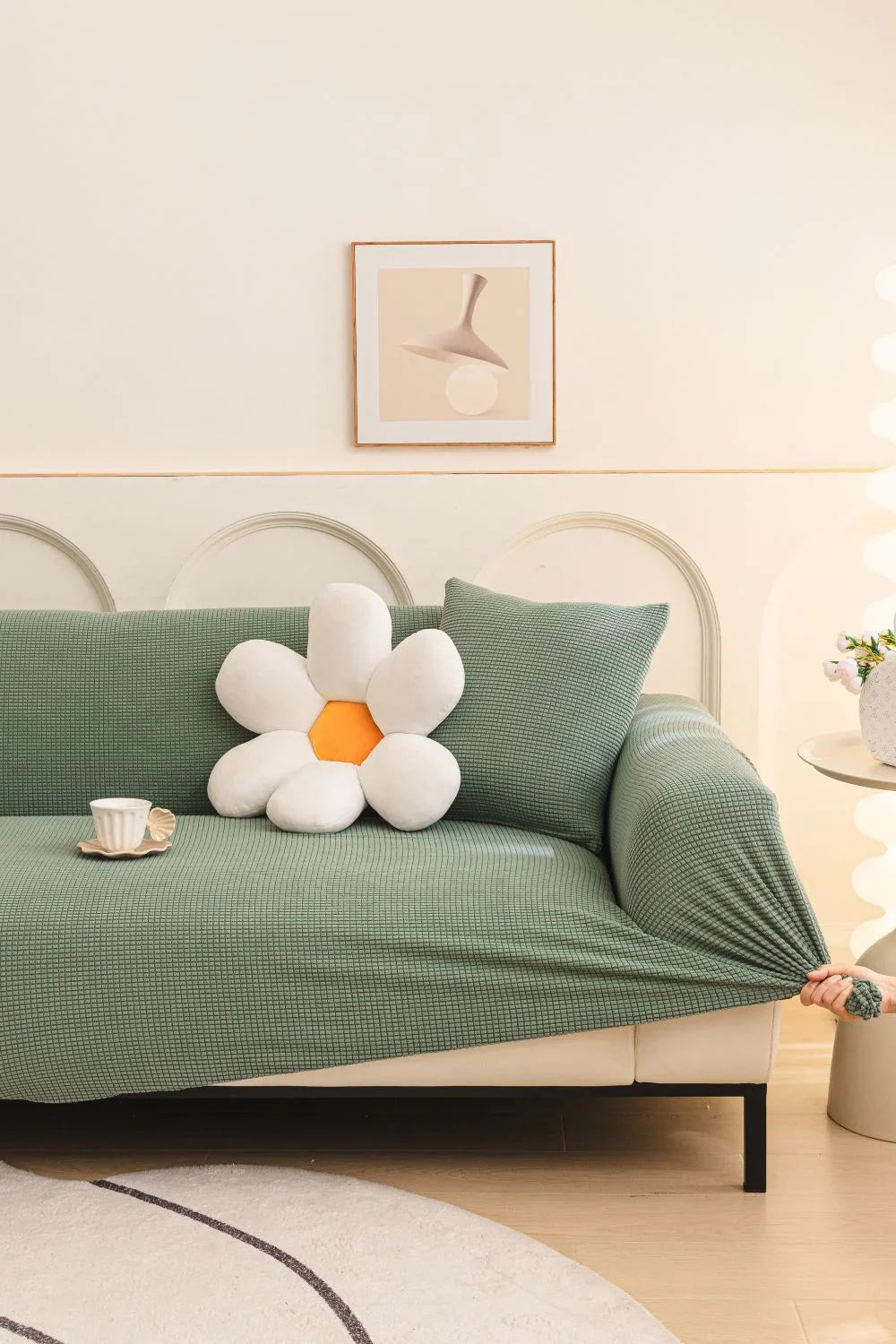 Sofa Cover - Narrow Jacquard - Light Green - Adaptable & Expandable - The Sofa Cover Crafter 