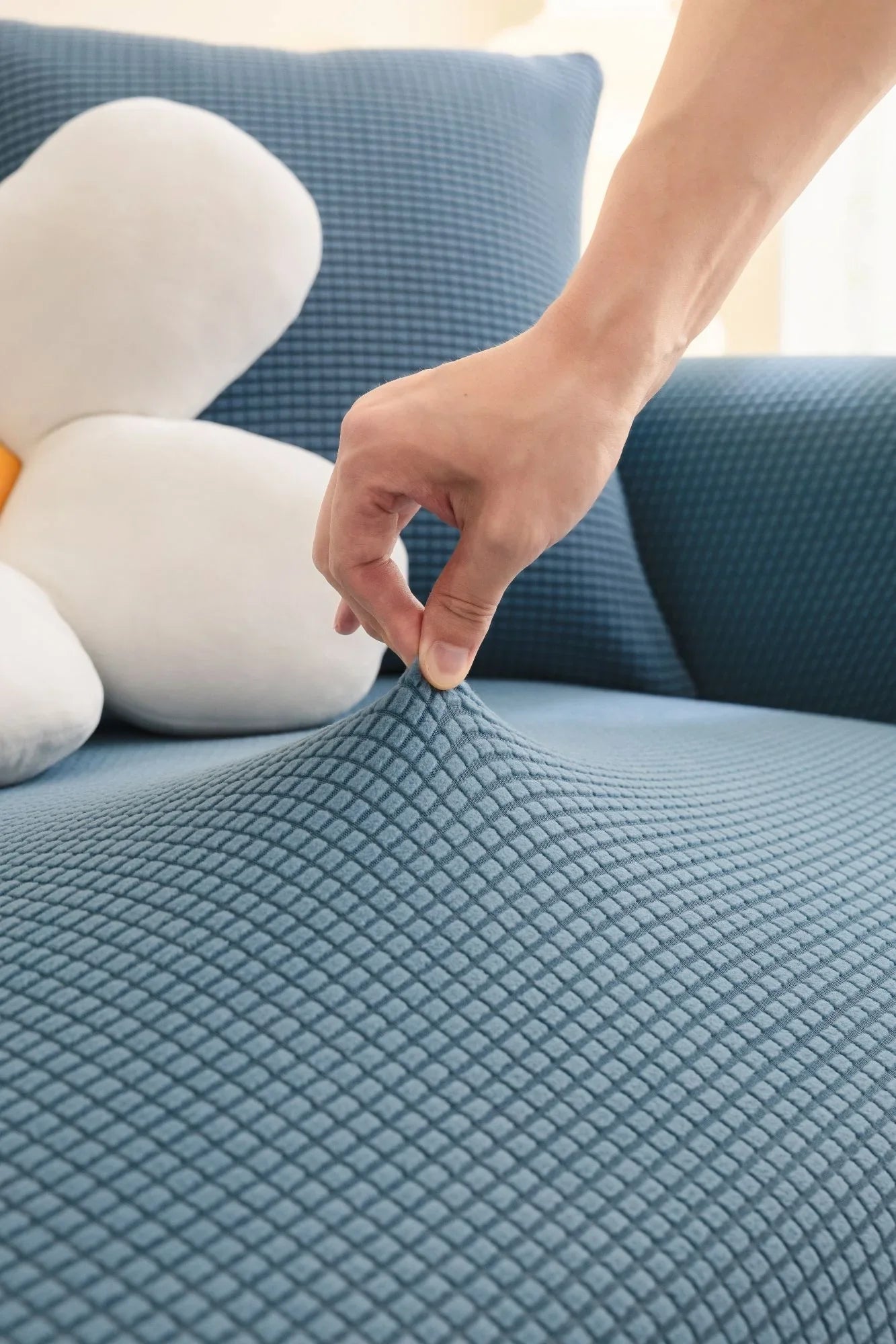 Sofa Cover - Narrow Jacquard - Sky Blue - Adaptable & Expandable - The Sofa Cover Crafter 