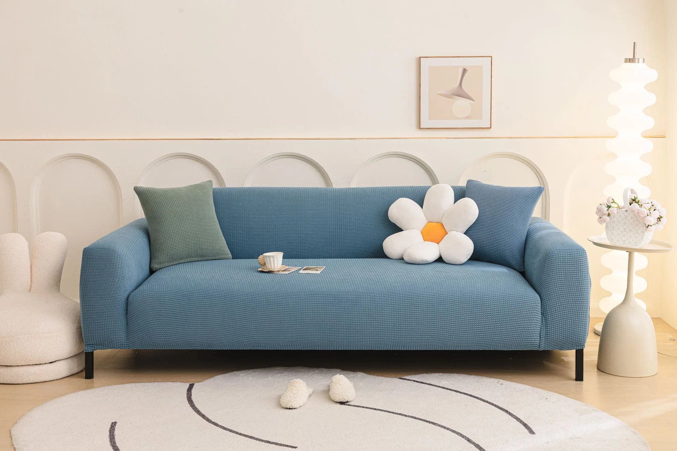 Sofa Cover - Narrow Jacquard - Sky Blue - Adaptable & Expandable - The Sofa Cover Crafter 