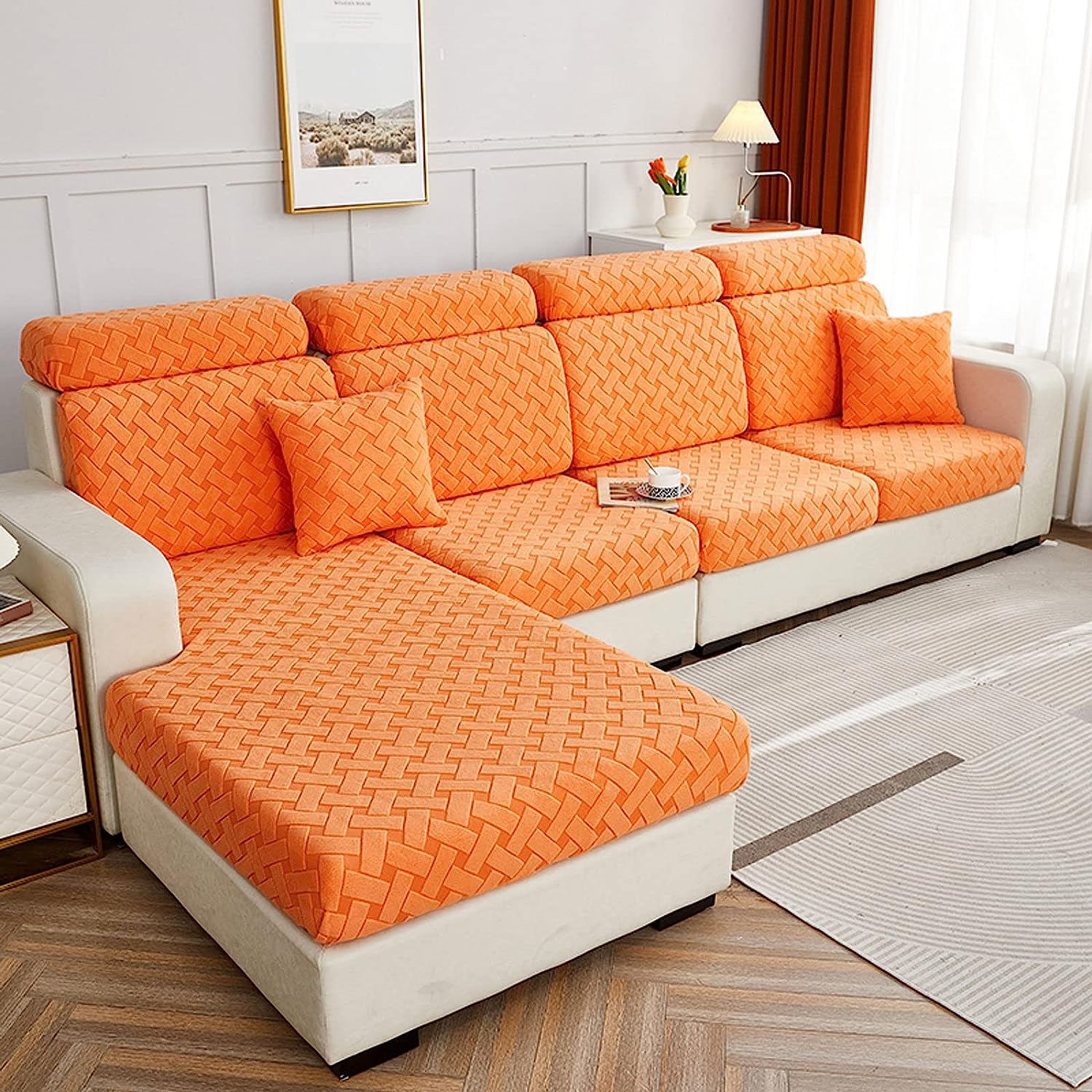 Sofa Cushion Cover - Tangerine - Soft Elastic Jacquard Weave