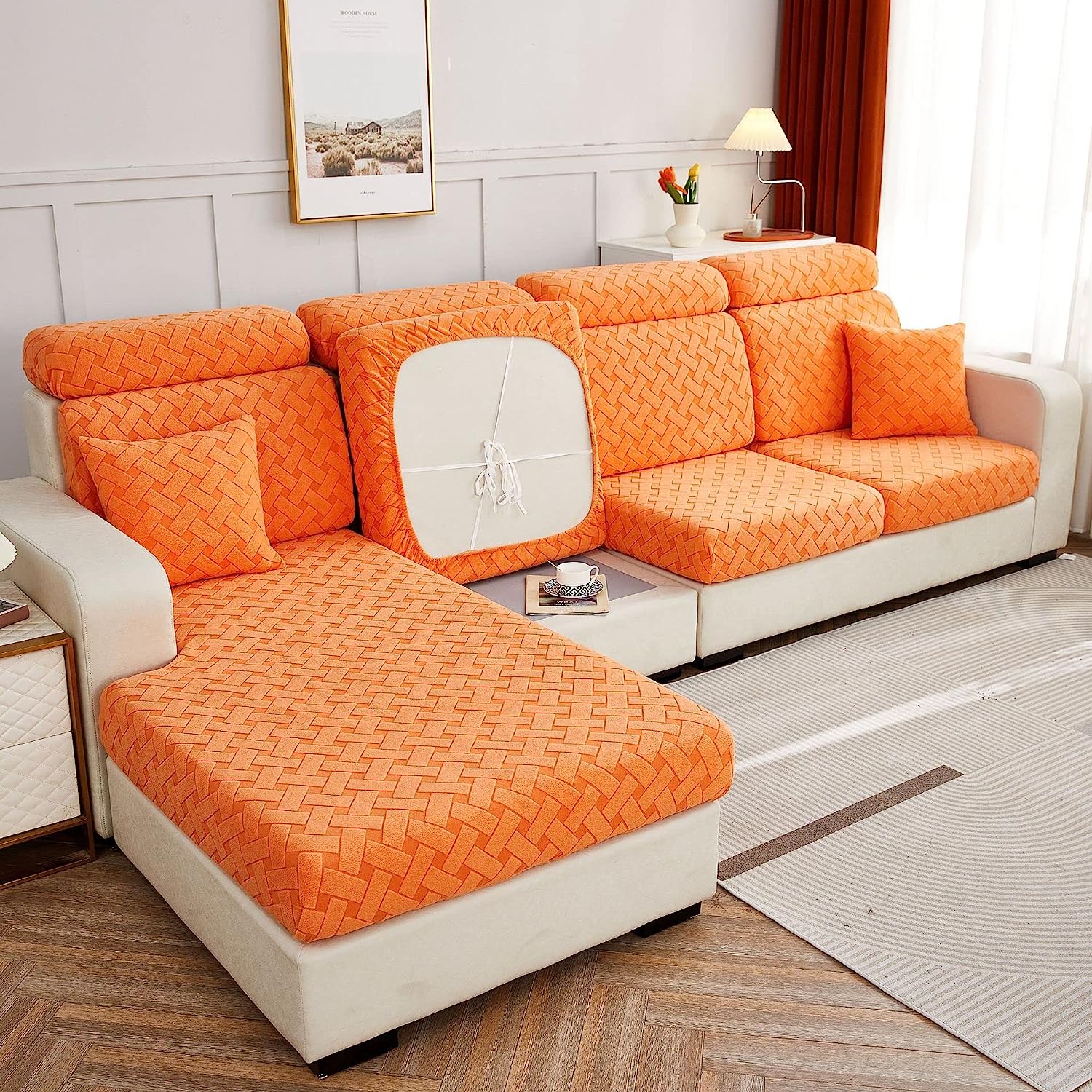 Sofa Cushion Cover - Tangerine - Soft Elastic Jacquard Weave