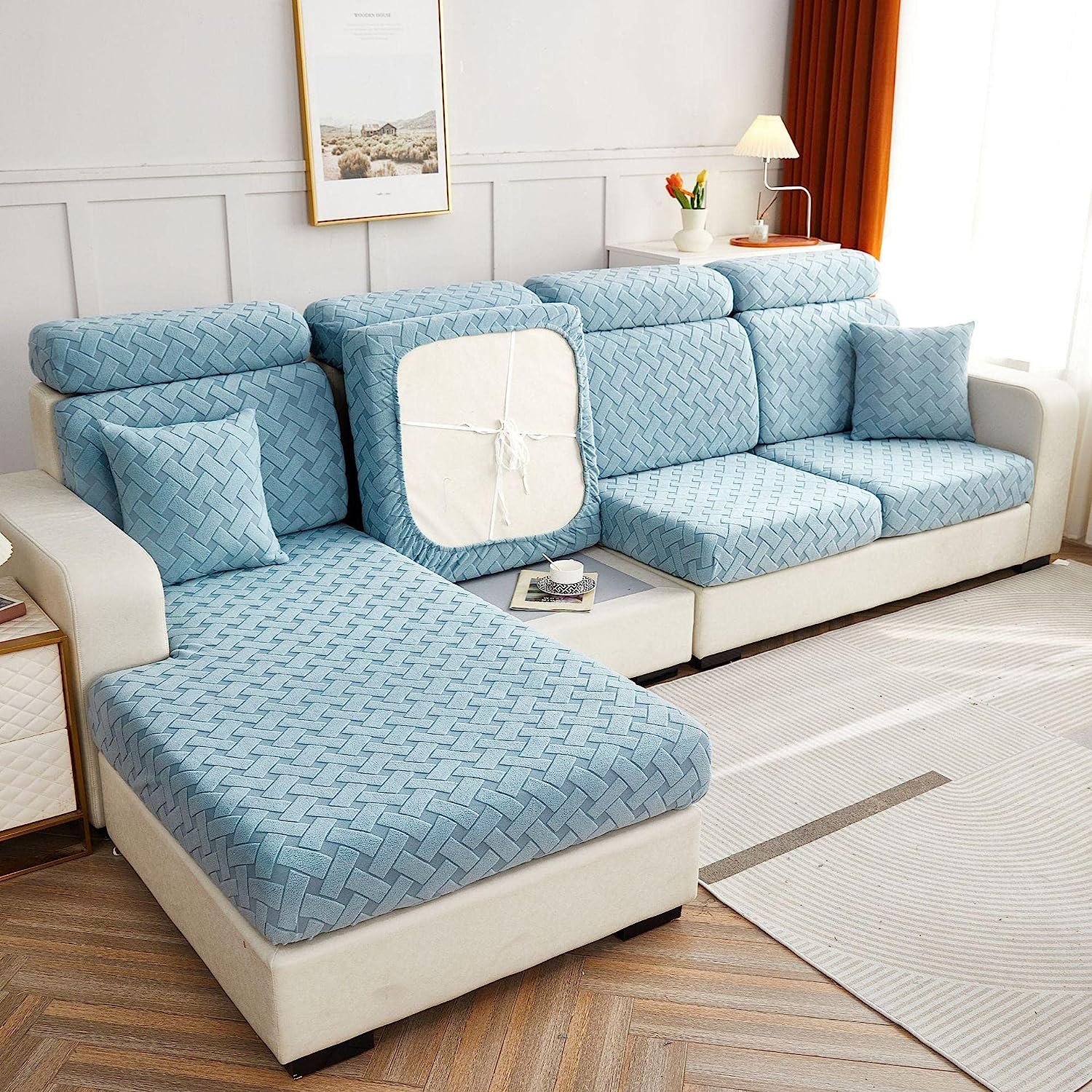 Sofa Cushion Cover - Powder Blue - Soft Elastic Jacquard Weave