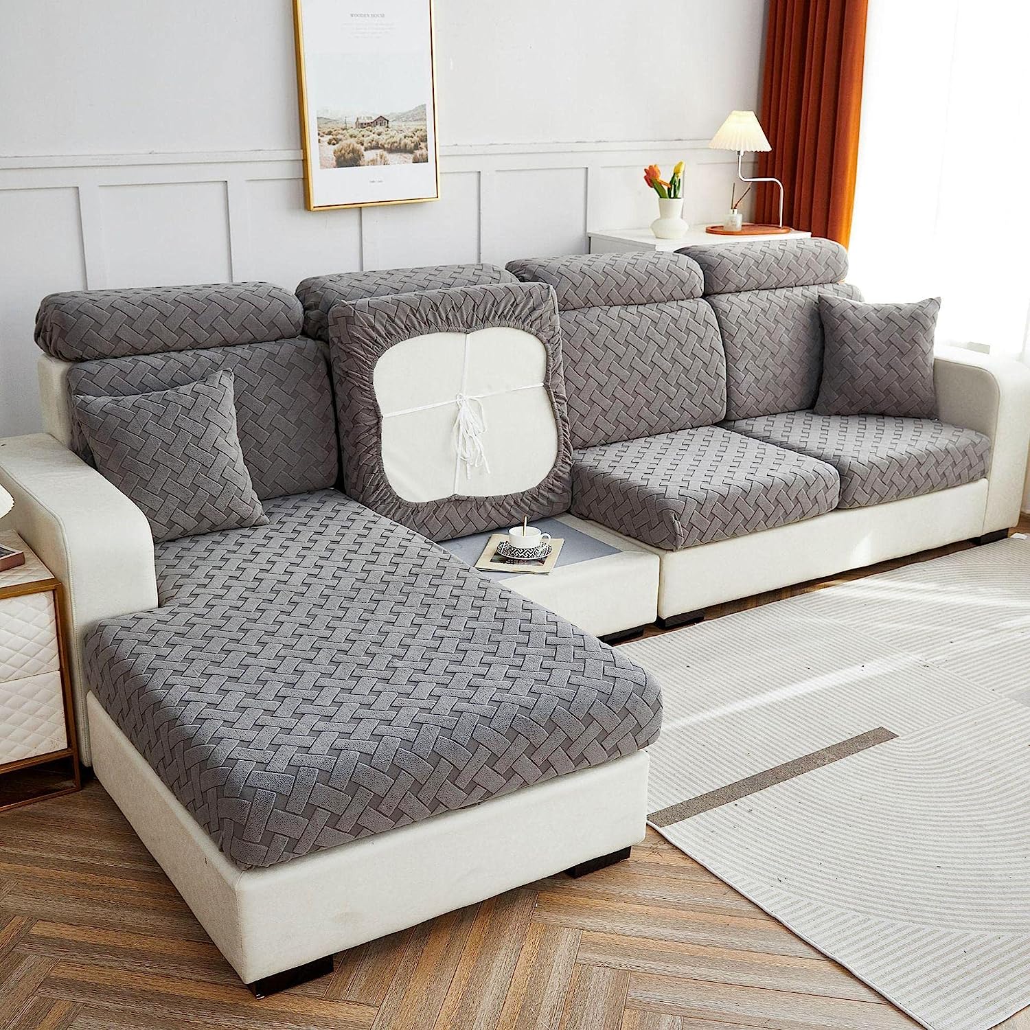 Sofa Cushion Cover - Stone Grey - Soft Elastic Jacquard Weave