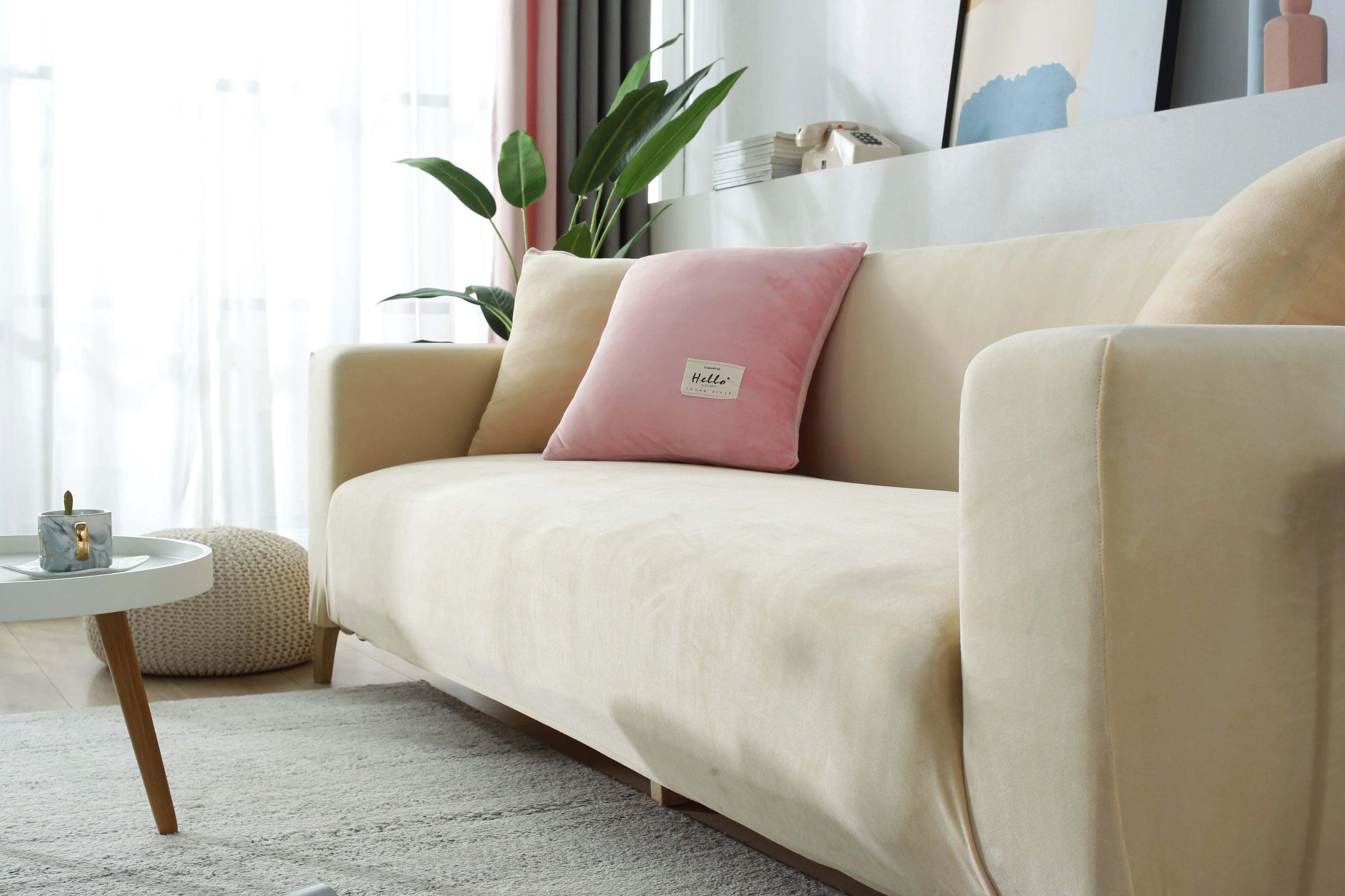 Sofa Cover - Velvet - Beige - Adaptable & Expandable - The Sofa Cover Crafter 