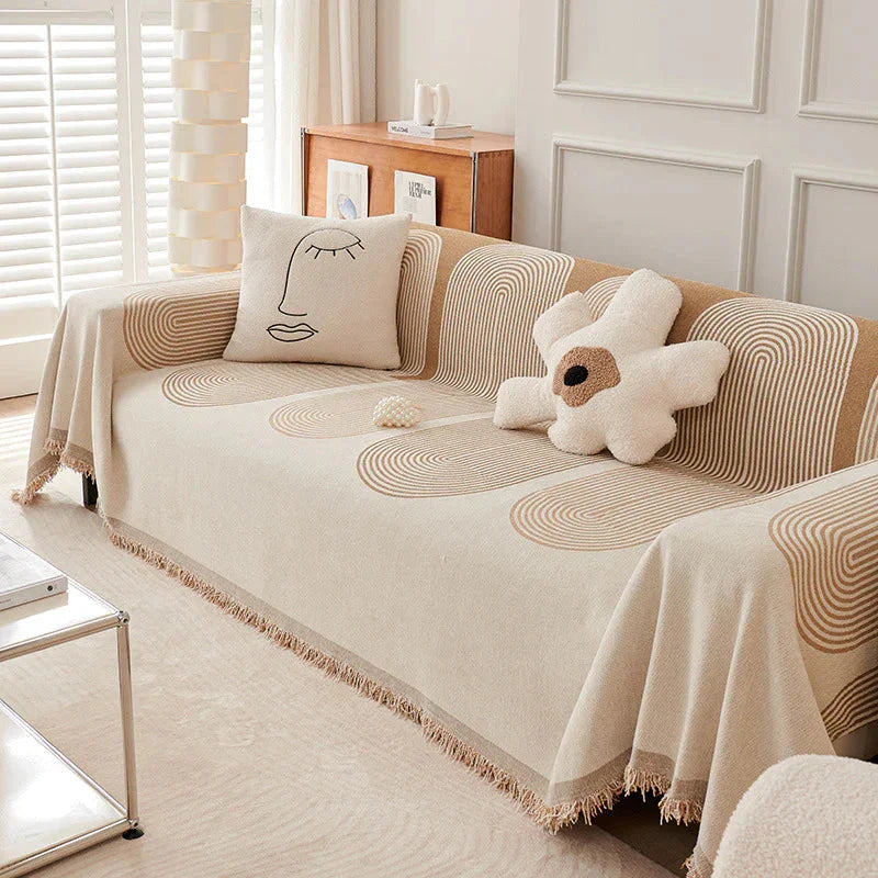 Sofa Throw -Sandy Tan - Soft Tassel Nordic Chenille - The Sofa Cover Crafter 